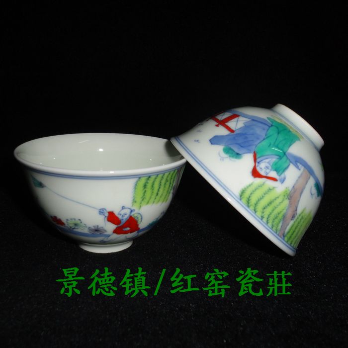 Jingdezhen Cultural Revolution factory goods porcelain hand-painted blue and white bucket color baby drama Lotus seed cup tea bowl package old fidelity