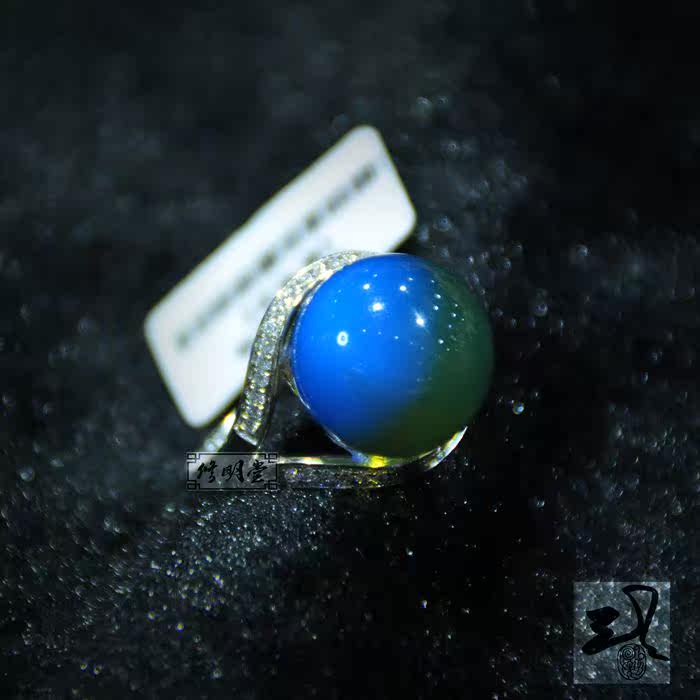 修明堂 纯银18K镶钻天然墨西哥蓝珀 净水蓝15mm蓝珀圆珠女款戒指