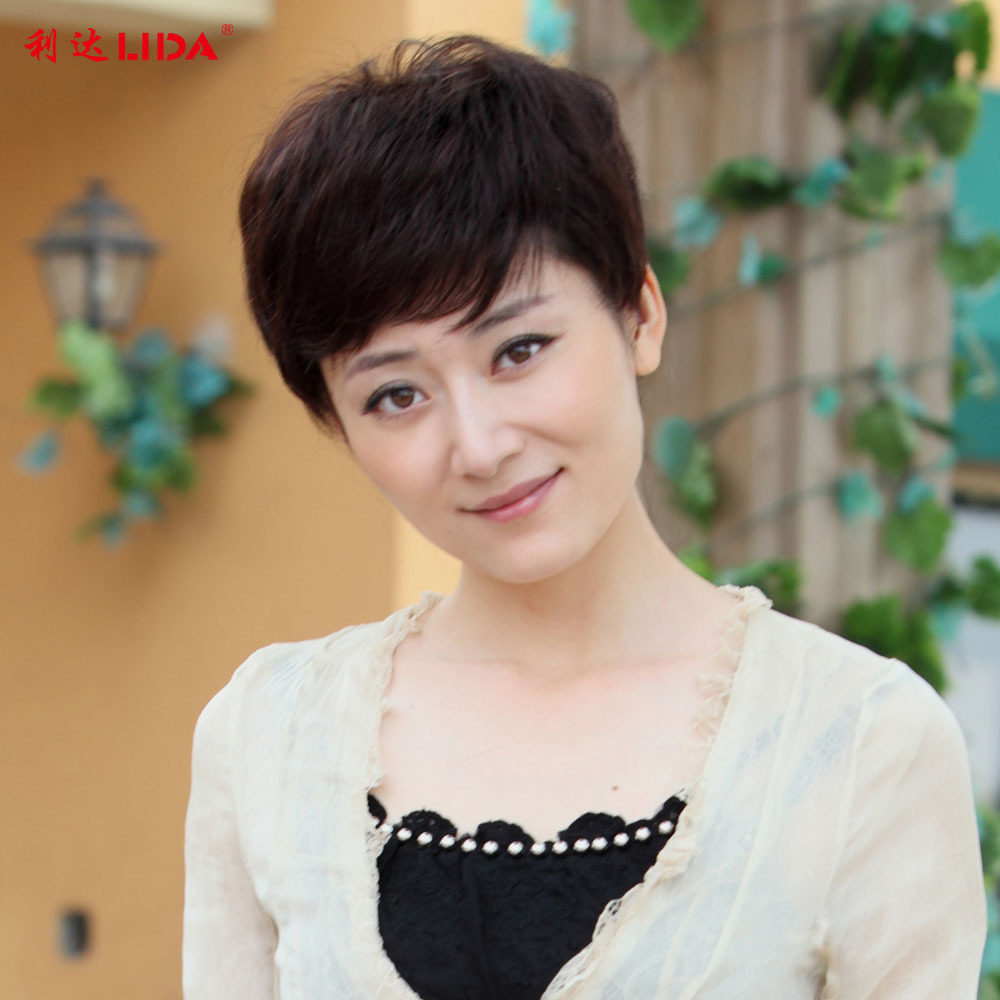 利达假发 女  真人发丝假发 短直发 时尚蓬松妈妈假发 中老年假发