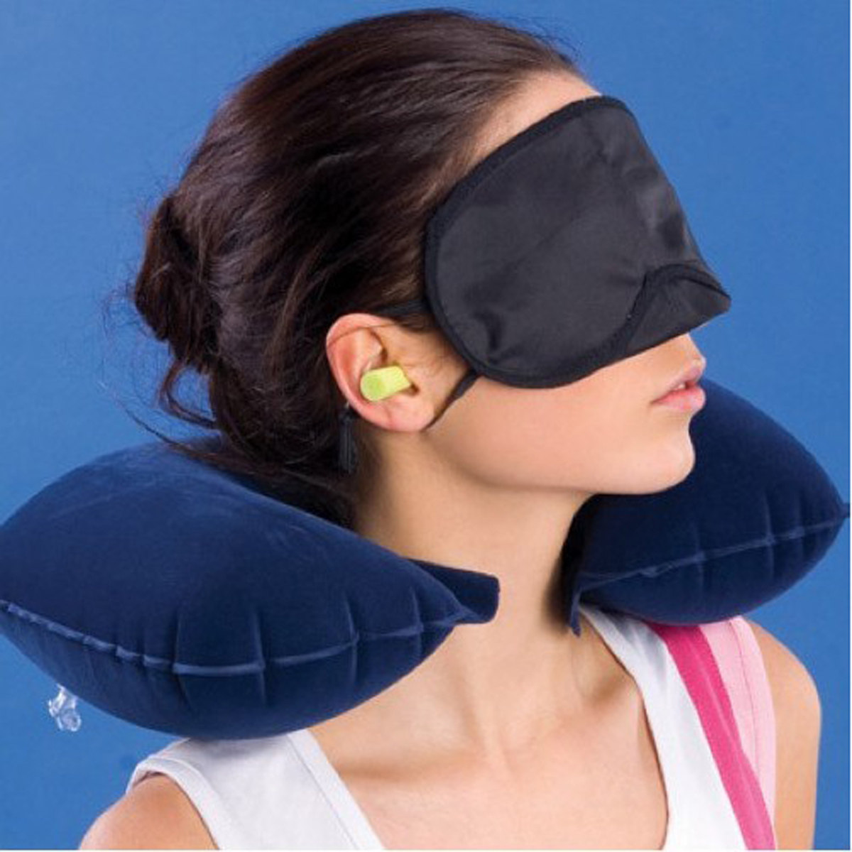 Travel three treasures travel three-piece set (inflatable pillow, light-proof eye mask, noise-proof earplugs) navy blue pink