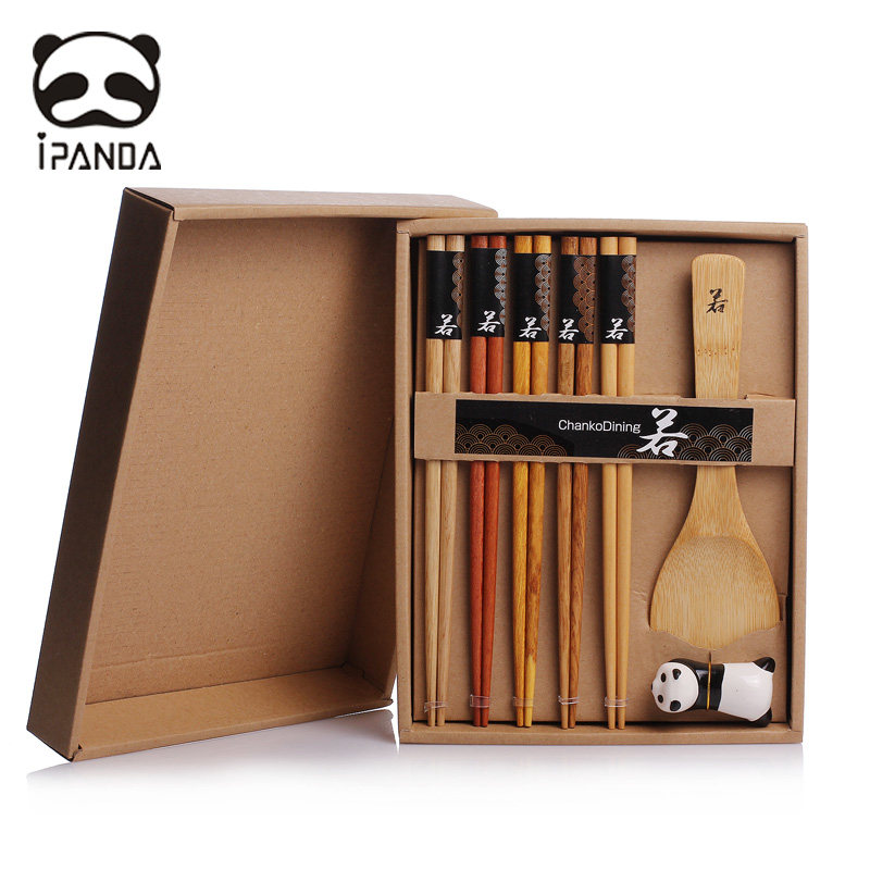 iPanda Wooden chopsticks and spoon set Japanese and Korean wooden tableware gift box Wooden spoon paint-free tableware gift companion