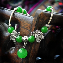 Retro Chinese style original green agate seedling silver anklet butterfly women handmade ethnic jewelry 316B