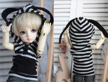 6 points BJD SD BB YOSD doll top grey and black striped front pocket long ear hoodie