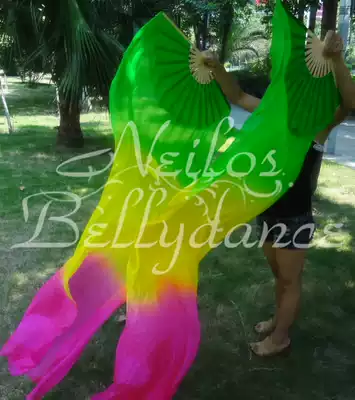 Neilos opening price belly dance silk fan long silk dance fan Green Yellow Rose 1 8m * 0 9m