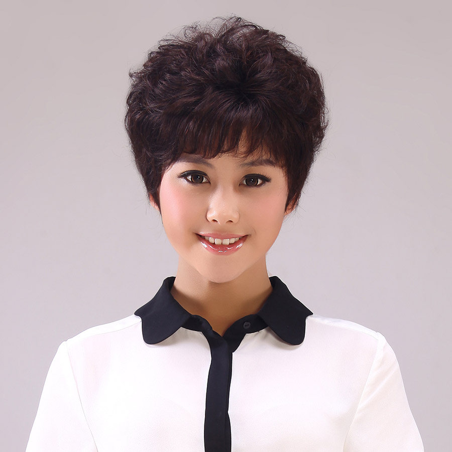 利达真发假发女 短发真人发假发女 短卷蓬松女士中老年妈妈假发套