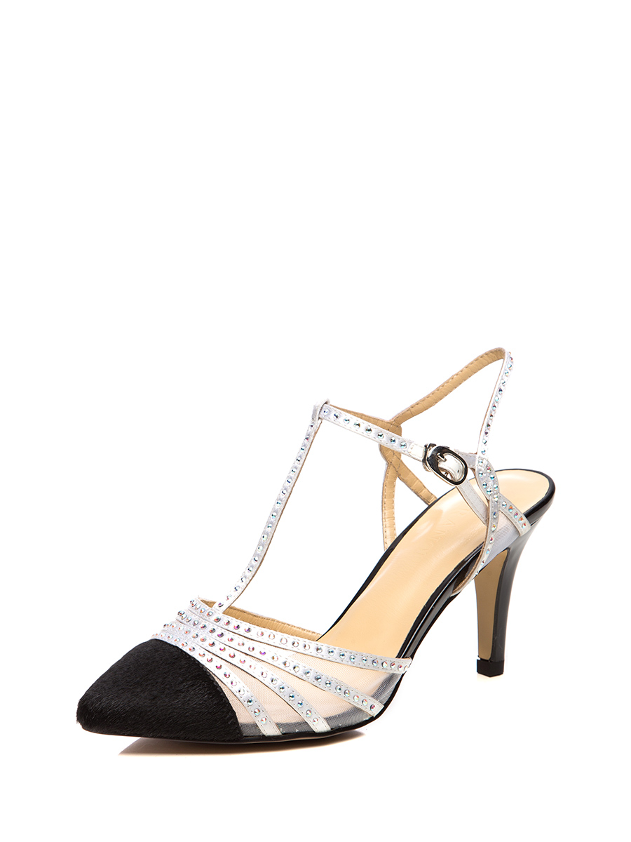 TRANOI 白色T字袢带饰钻装饰尖头高跟鞋