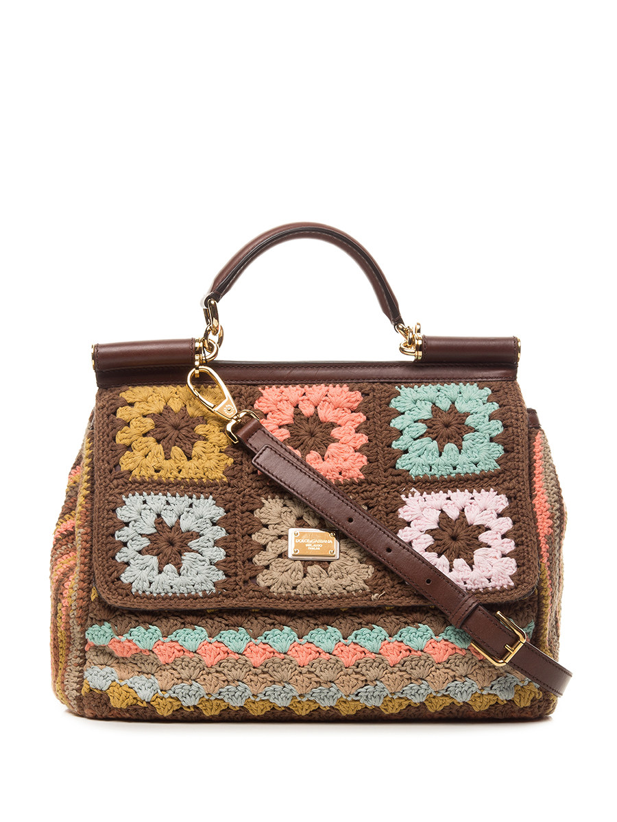 Dolce&Gabbana 咖色系民族风编织花翻盖手提挎包