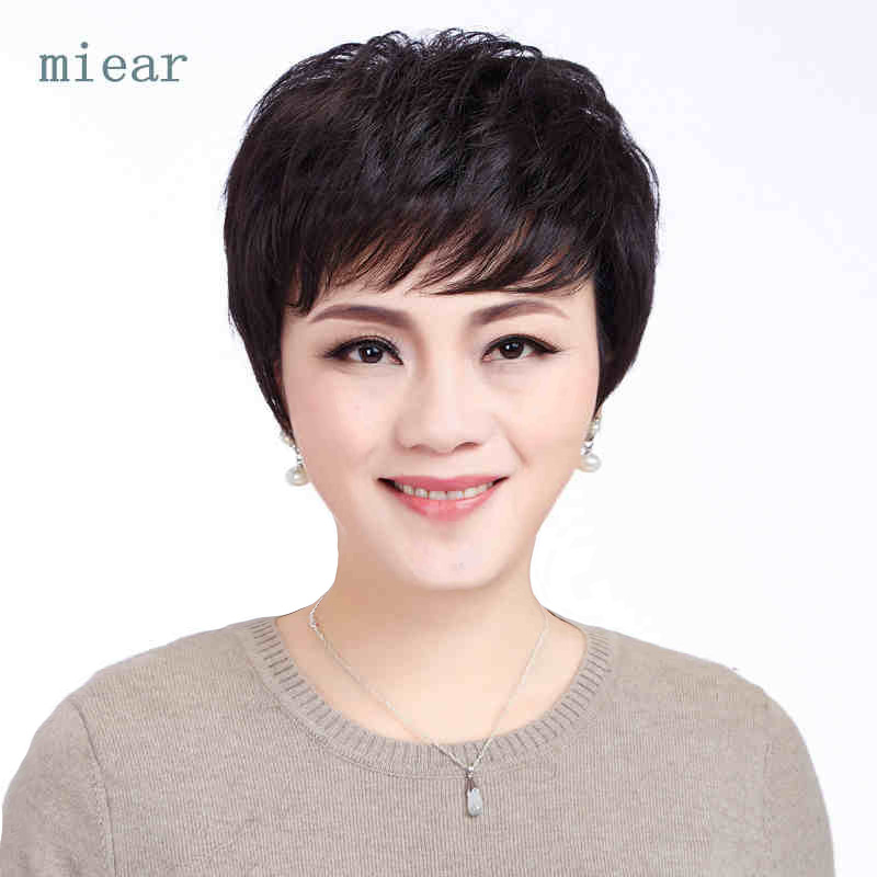 真发假发 女 短发 中老年妈妈假发 短卷发时尚假发套斜刘海气质款