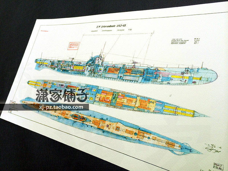 German World War I and World War II German troops U-shaped submarine drawing U63 structure drawing poster decorative painting