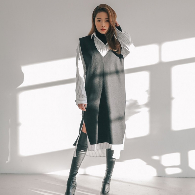 韩国stylenanda官方正品 知性风开衩摆and深V领针织长款马甲-黑色