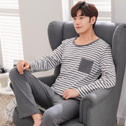 Đồ ngủ nam cho nam dài tay cotton mùa xuân và mùa thu thanh niên kích thước lớn nam cotton mỏng phần nhà dịch vụ phiên bản Hàn Quốc đặt mùa đông