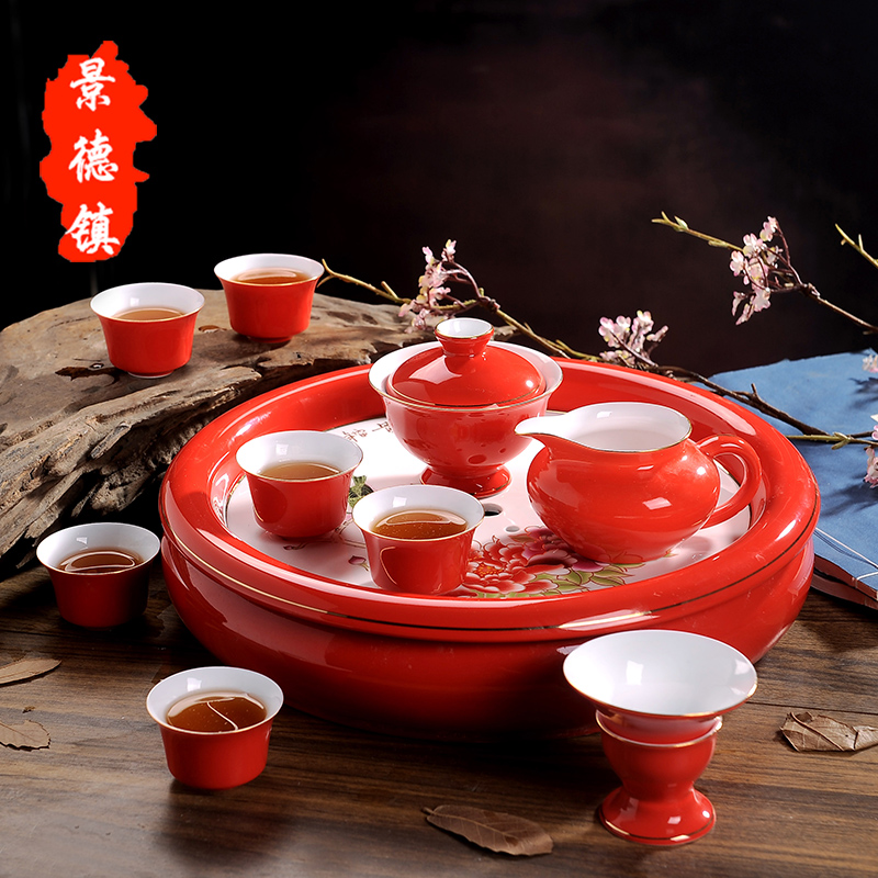 Jingdezhen ceramic tea set with tray household ceramics of a complete set of kung fu tea tray teapot GaiWanCha cups