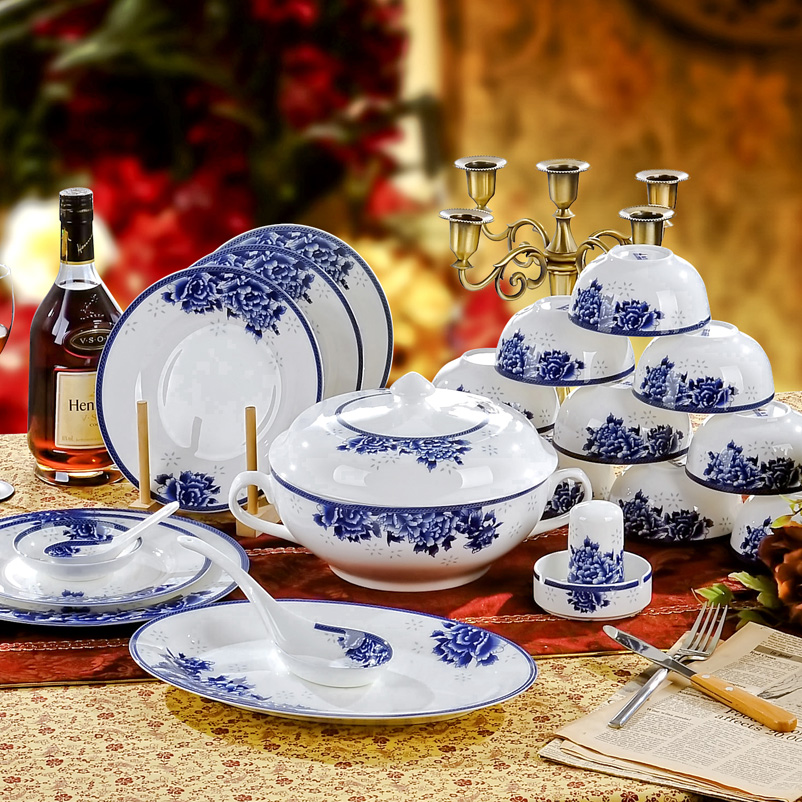 Good purple ceramic tableware suit 56 skull bowls plate of jingdezhen blue and white porcelain dishes - glazed in suit the real thing