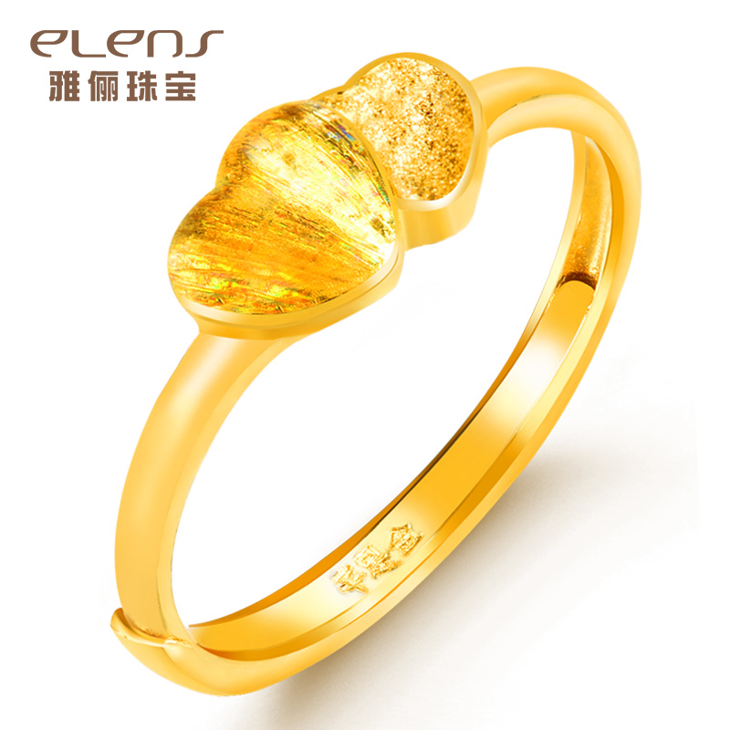 elens/雅俪珠宝黄金戒指女款 足金心心相印活口结婚戒指环