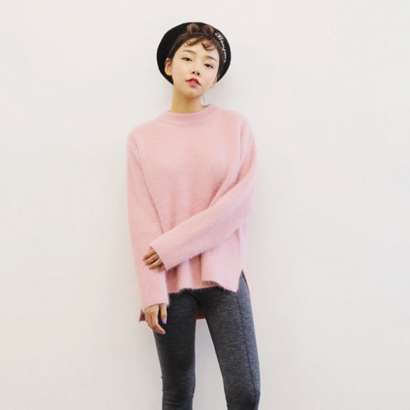 韩国stylenanda官方正品 时尚纯色不规则下摆混纺针织衫-粉色