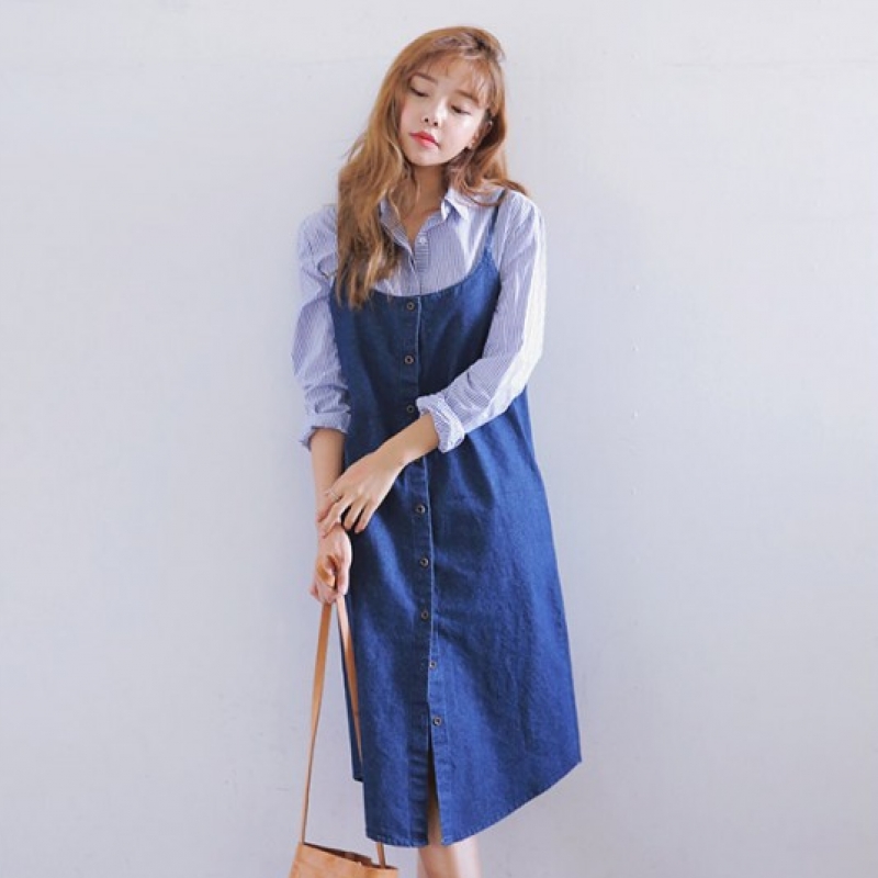 韩国stylenanda官方正品 时尚迷你牛仔吊带连衣裙-深牛仔蓝色