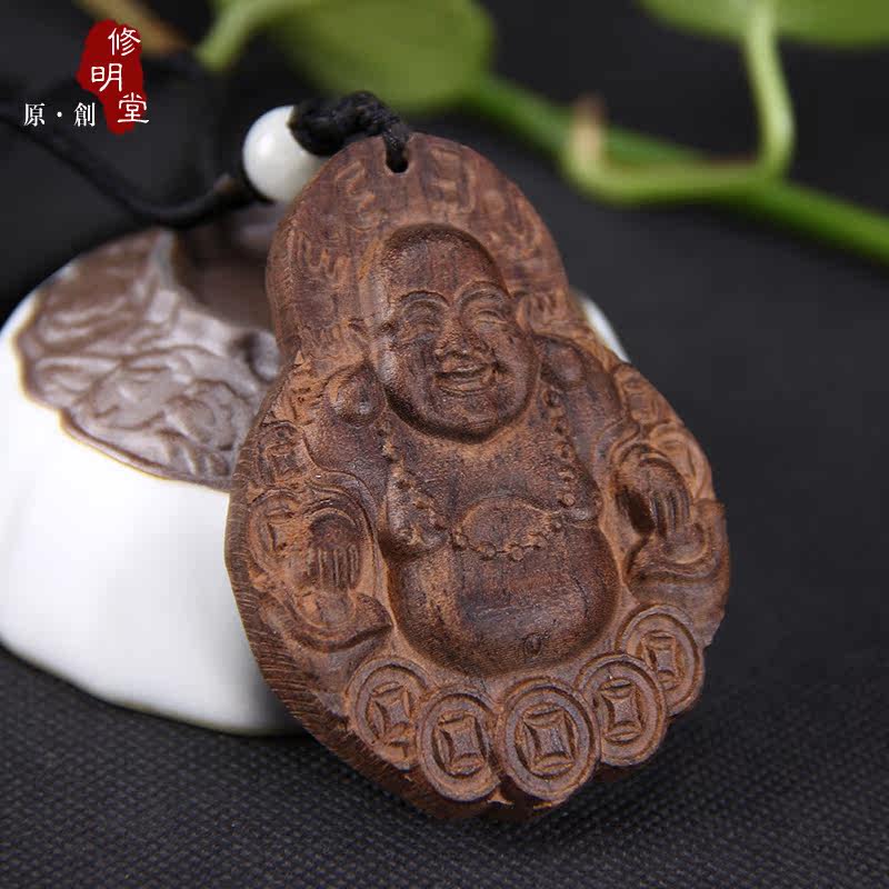 修明堂 开光越南沉香吊坠 沉香木弥勒佛牌 保平安沉香 项链男女