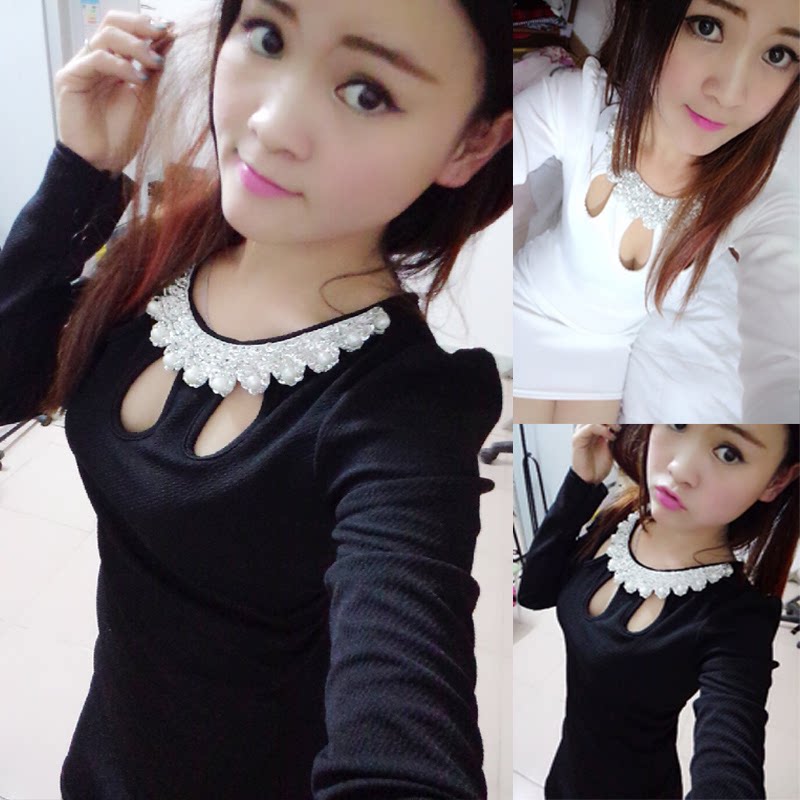 Online Red Spring Autumn New Korean Version Nightclub Women's Clothing Sexy Hollowed-out Inserts and Hip Long Sleeves of the Hip Long Sleeve Boom