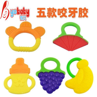 There are shell silicone cartoon fruit tooth fixer baby bite glue toy watermelon banana grape baby grinding stick