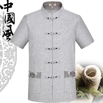 Summer middle-aged and elderly short-sleeved Tang Chinese flax mens shirt plus fat size dad casual cotton linen shirt