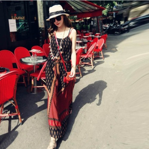 New Bohemian seaside holiday dress Thai national style suspender one-piece beach skirt women's Japan and South Korea send belt
