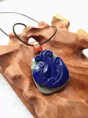 Old mine natural lapis lazuli carved Ruyi pendant necklace with original leather with south red agate bead necklace