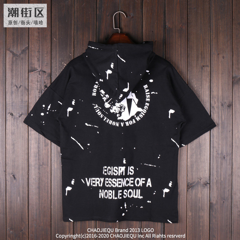春夏季 暗黑高街嘻哈街头帽衫 男士潮流泼墨涂鸦宽松纯棉短袖T恤