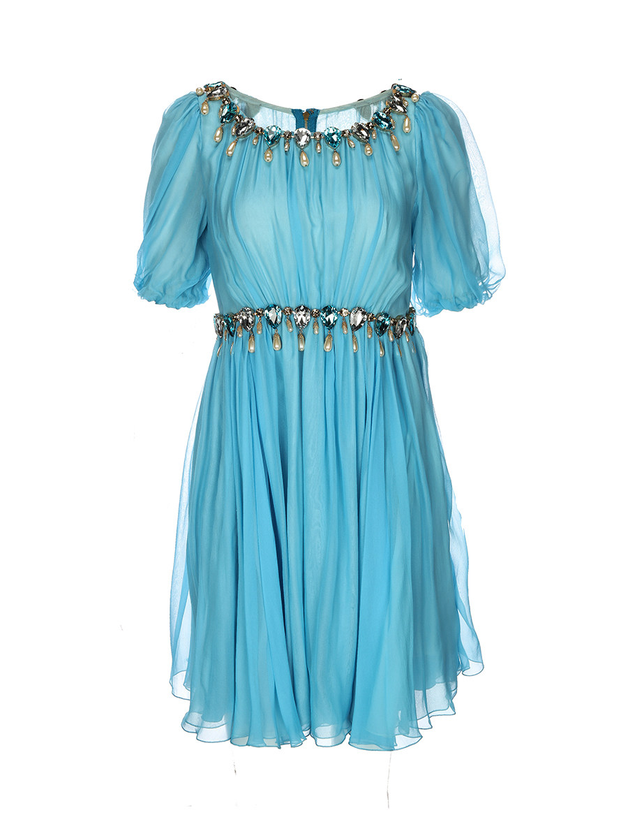 Dolce&Gabbana 天蓝色晶钻钉珠饰褶皱连衣裙