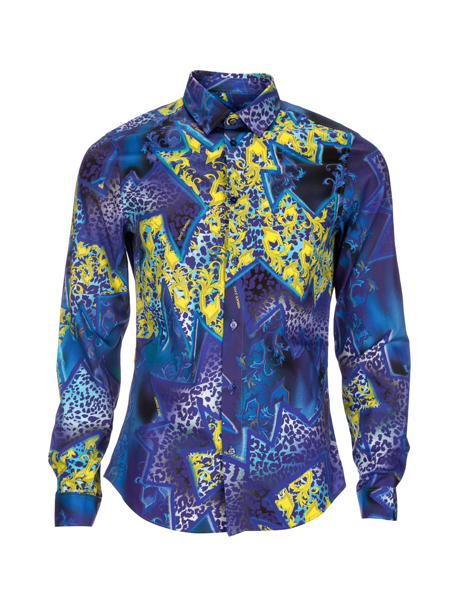 versace jeans 蓝底彩色印花长袖全棉衬衫