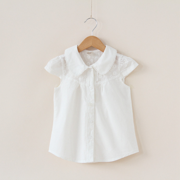 Broken code clearance summer girl girl baby doll collar pure cotton embroidery flower short-sleeved white shirt shirt