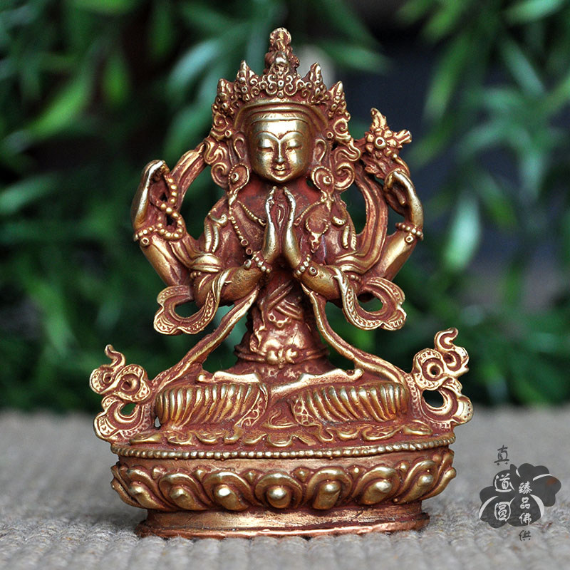 Four-arm Guanyin Nepal handmade red copper Chinese gold with real gold Sakaver degree Mother Longevity Vervinch