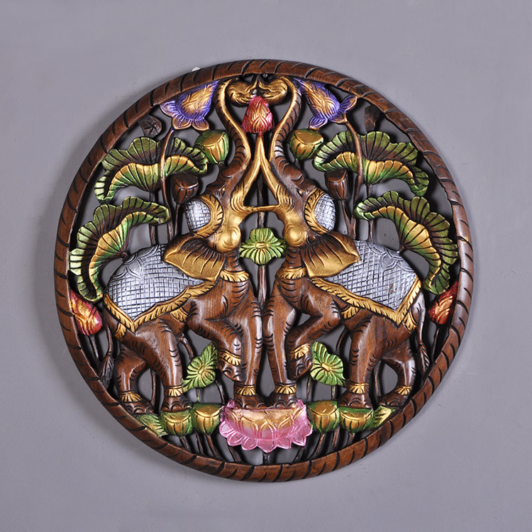 Thai import teak wood carving flower board Southeast Asian home decoration products Xuanguan wood Carved Elephant Hung Painting Wall-mounted Wall Decoration