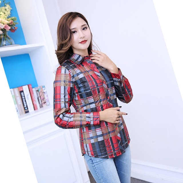 Down jacket women's large size white duck down winter plaid close-fitting bottoming shirt long-sleeved top warm and slim