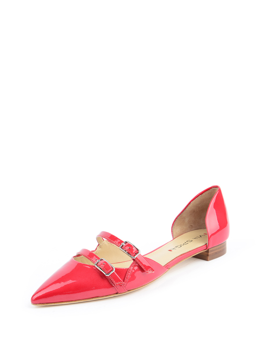 Via Spiga|红色羊皮镜面尖头双扣装饰平底鞋