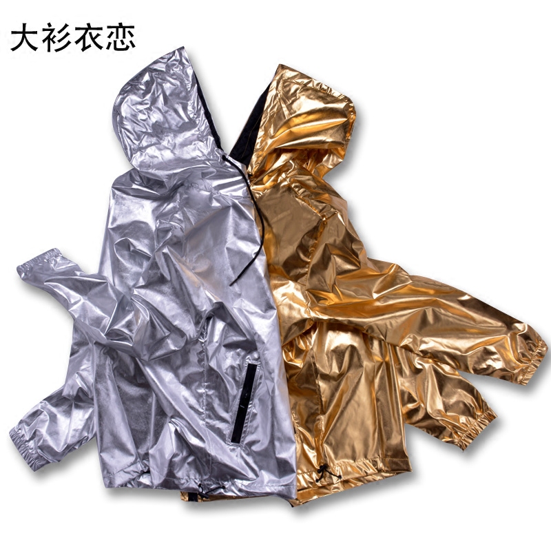 Men's Gold and Silver Jacket, Hip-Hop Style Oversized Trench Coat, Glossy Slim-Fit Nightclub Performance Clothing for Students