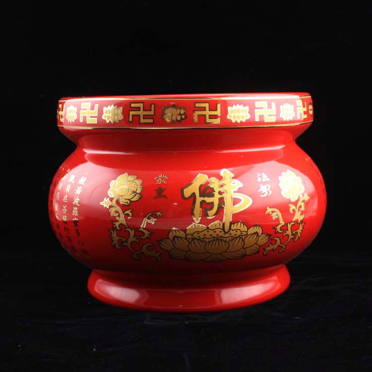 Buddhist Supplies Red Glazed Buddhist Words Heart warp 4-inch ceramic incense stove Home Buddha Furniture Inserts for a Buddhist Incense Burner