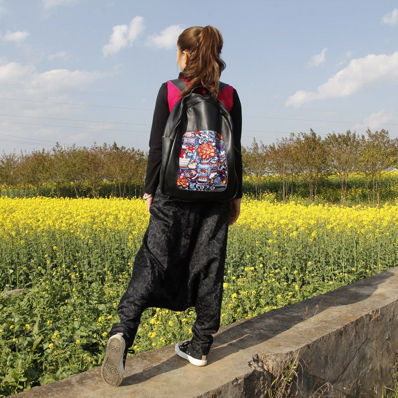 Yunzao Totem Original Design Women's Bag Ethnic Fan Embroidered Peony Leather Travel Backpack