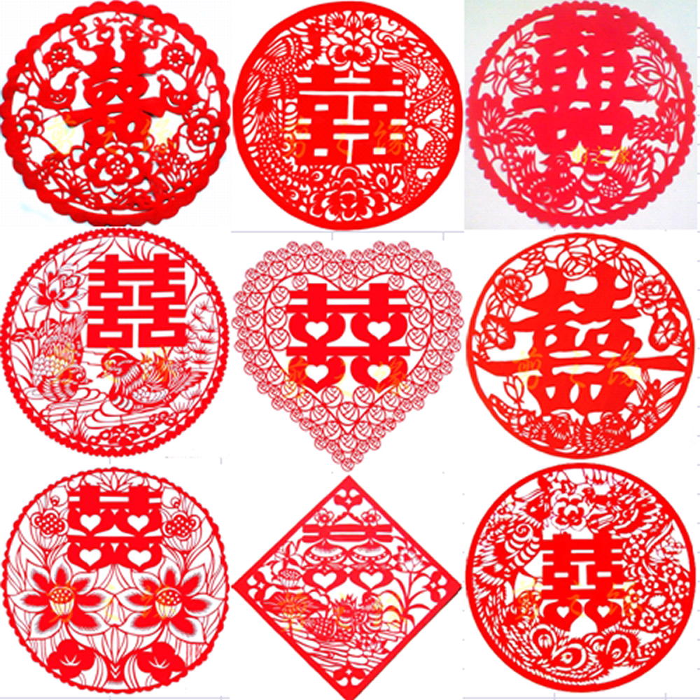 Explosive wedding dragon phoenix mandarin duck magpie heart-shaped happy word pure handmade paper carving paper-cut window grille wedding supplies 27 cm