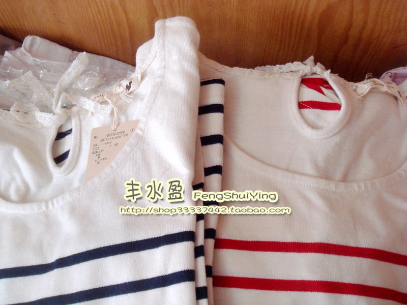 Spring Autumn Foreign Trade Export Japan Single Sand Wash Pure Cotton Striped Ruffle Sleeves T-shirt