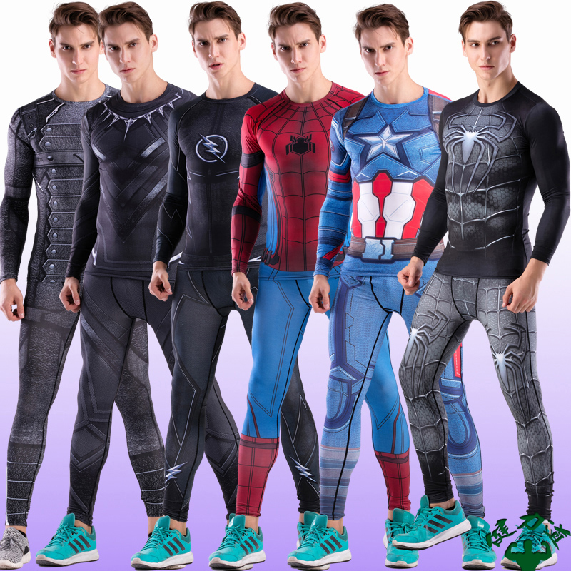 Spider Man United States Captain Tight Sports Suit Men's Gym Gym Training Fitness Suit Long Sleeve Long Pants Speed Dry Clothing