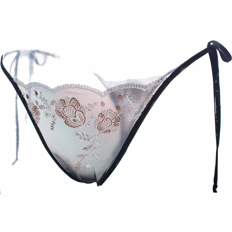 蕾丝性感黑绑带式内裤 诱惑色透视网纱刺绣女士大码T字裤情趣内衣