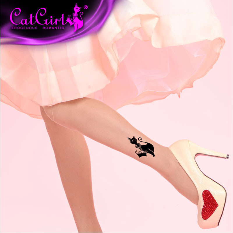Fake Tattoo Print Stockings for Women, Thin Natural Nude Color Stockings, Japanese Style Black Stockings, Cat Stockings, Skin-Enhancing Stockings for Summer