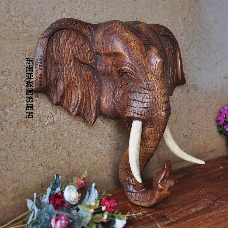 Thailand wood carving elephant head pendant home living room wall decoration elephant TV living room background wall decoration