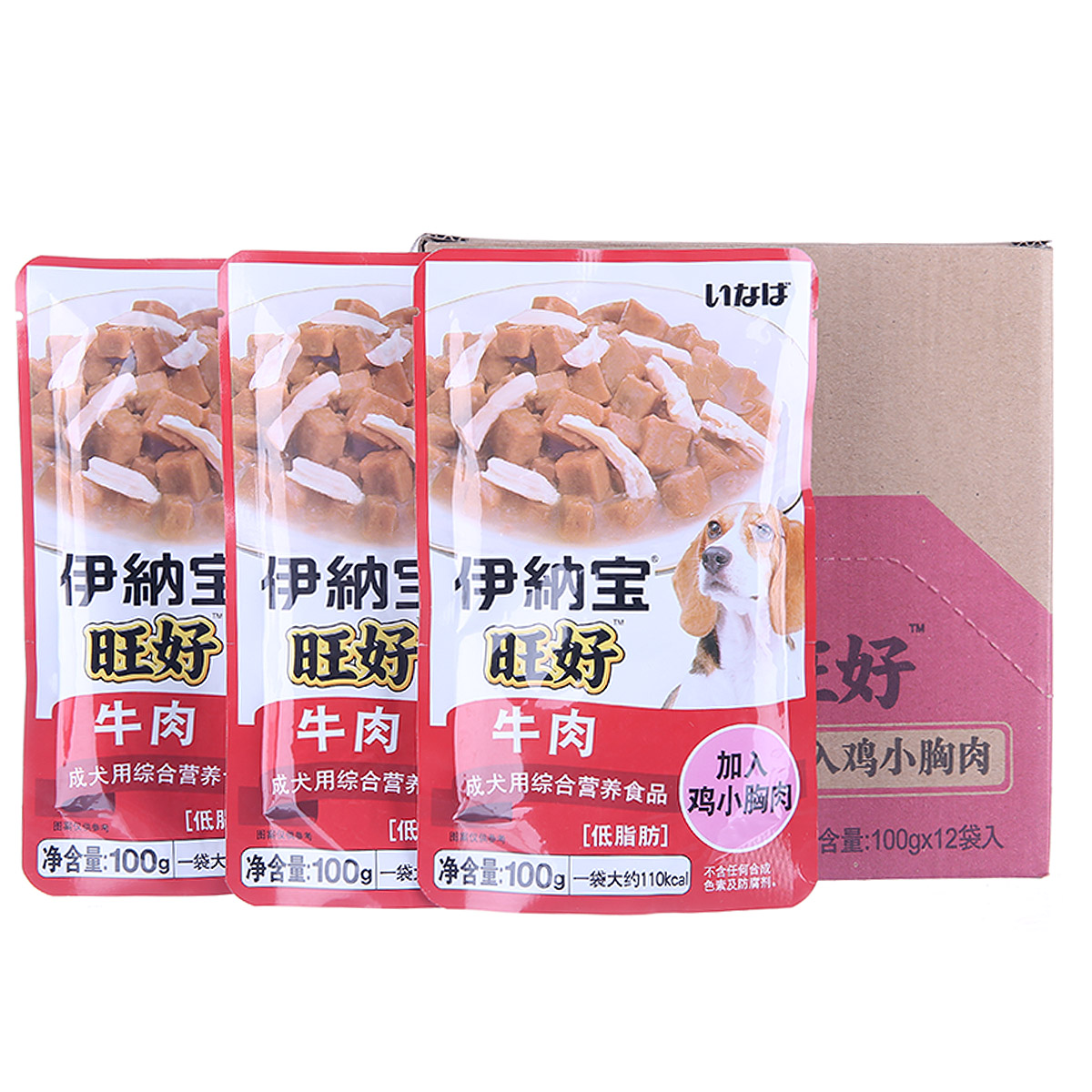波奇网 狗零食伊纳宝鸡小胸肉牛肉狗湿粮100g*12只宠物狗粮鲜封包