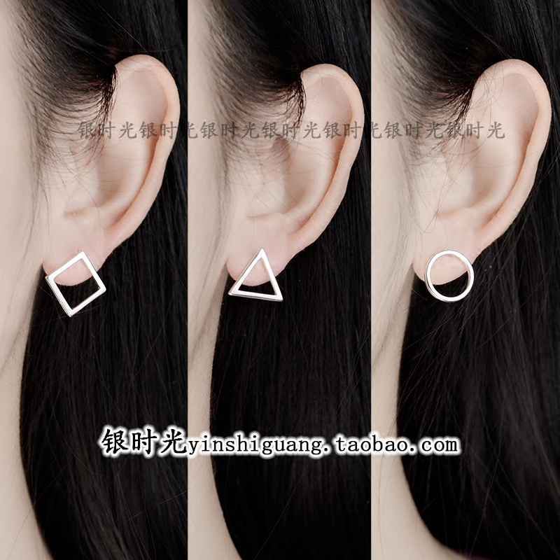 Silver time S925 sterling silver ear needle hollow geometric triangle square round earrings fashion personality earrings female