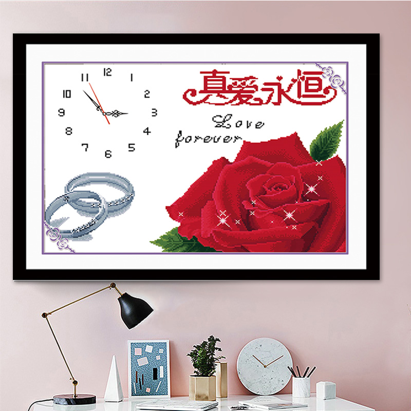 2022 new precision cross embroidered real love rose flower clock living room dining room clock hanging clock simple and small line embroidery
