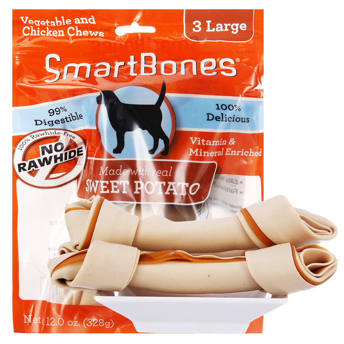 波奇网 SmartBones 地瓜味大号洁齿骨3支装328g 美国进口狗零食