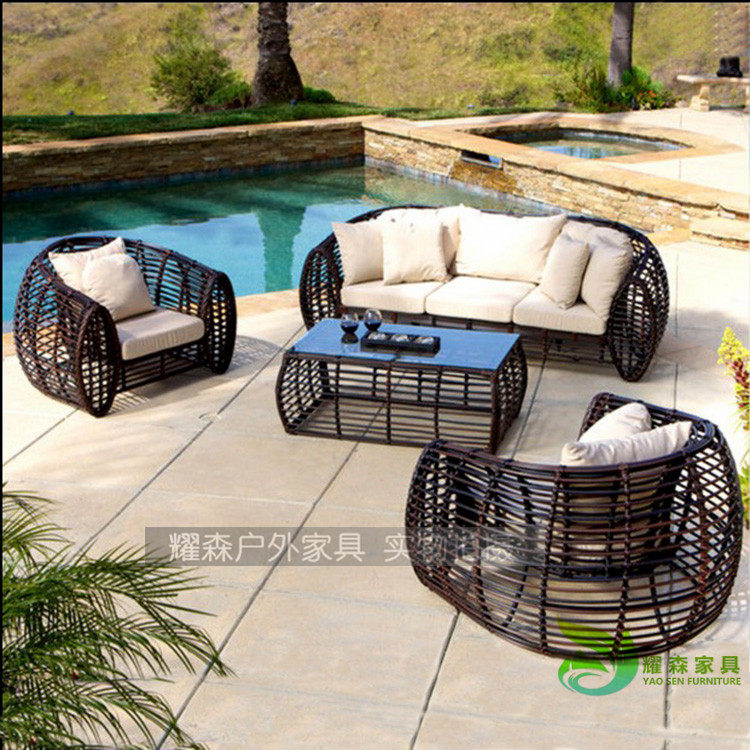 Outdoor sofa rattan chair coffee table balcony hotel villa high-end rattan sofa rattan furniture sofa three-piece combination