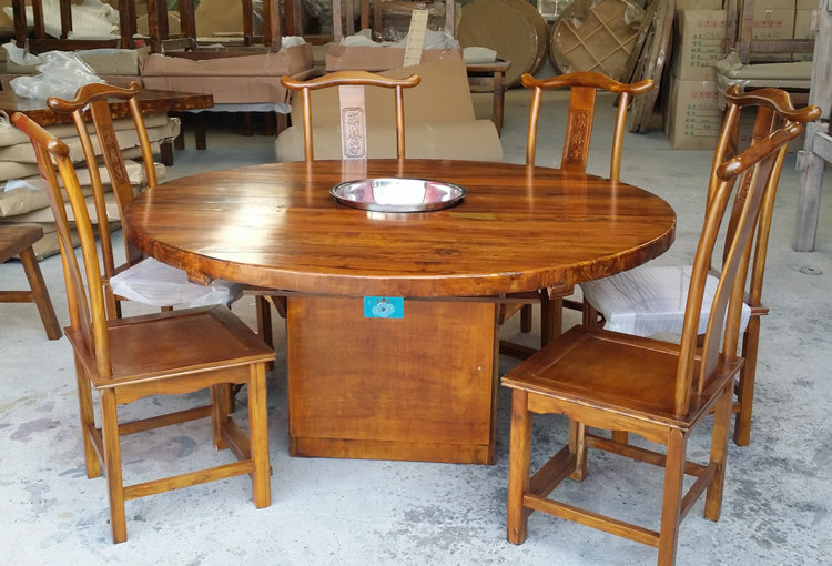 Factory direct sales of old elm hot pot round table and chairs Korean self-service barbecue table hot pot barbecue table and chair customization