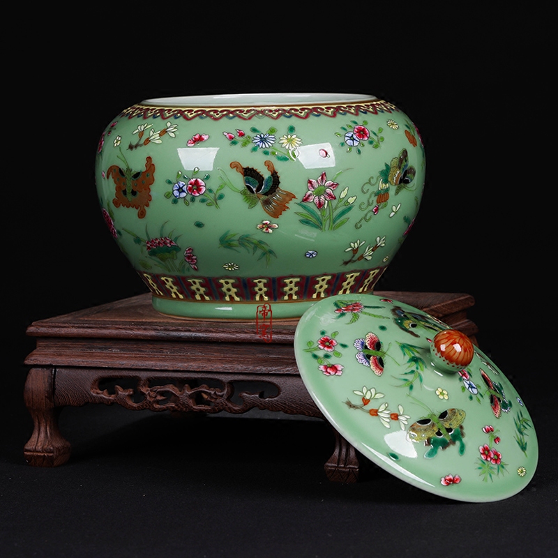 Jingdezhen ceramics pea green glaze antique hand - made enamel butterfly storage tank cylinder barrel seeds wedding gift